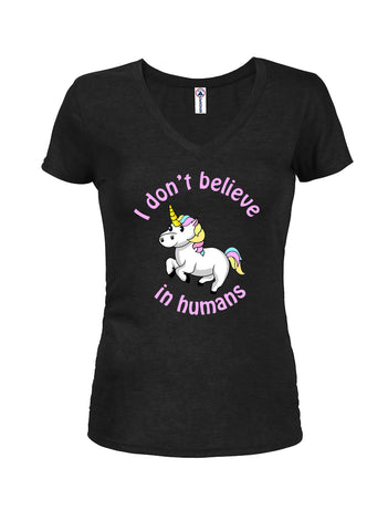 Unicorn I Don't Believe in Humans Juniors V Neck T-Shirt