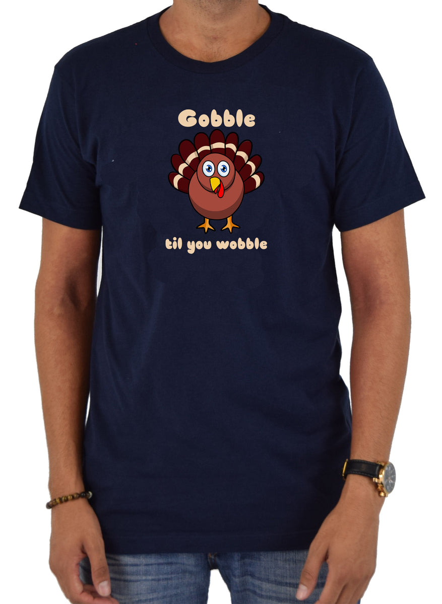 Gobble Til You Wobble Thanksgiving T-Shirt – Women's 3/4 Sleeve Tee, Funny Turkey Graphic, Dark Blue