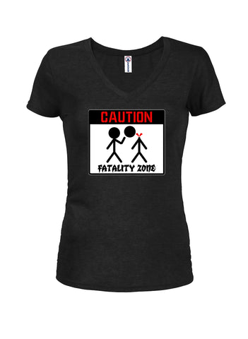 Caution Fatality Zone Juniors V Neck T-Shirt