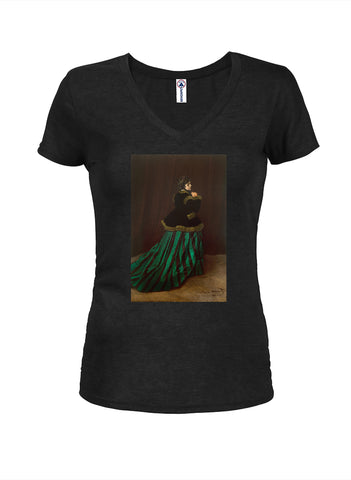 Claude Monet - The Woman in the Green Dress Juniors V Neck T-Shirt Five Dollar Tee Shirts Claude Monet - The Woman in the Green Dress Juniors V Neck T-Shirt Five Dollar Tee Shirts