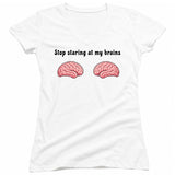 Stop Staring at My Brains Juniors V Neck T-Shirt
