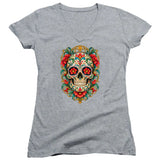 FV10131 Ornate Día de los Muertos Sugar Skull Heather Grey Girls V Neck