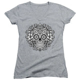 FV10132 Gothic Filigree Sugar Skull Heather Grey Girls V Neck