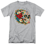 FV10133 Ornate Floral Sugar Skull Profile Heather Grey T-Shirt