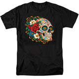 FV10133 Ornate Floral Sugar Skull Profile Black T-Shirt