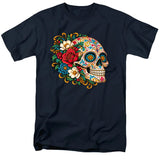 FV10133 Ornate Floral Sugar Skull Profile Navy T-Shirt