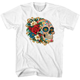 FV10133 Ornate Floral Sugar Skull Profile White T-Shirt
