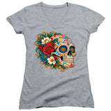 FV10133 Ornate Floral Sugar Skull Profile Heather Grey Girls V Neck