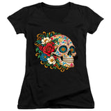 FV10133 Ornate Floral Sugar Skull Profile Black Girls V Neck