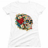 FV10133 Ornate Floral Sugar Skull Profile White Girls V Neck