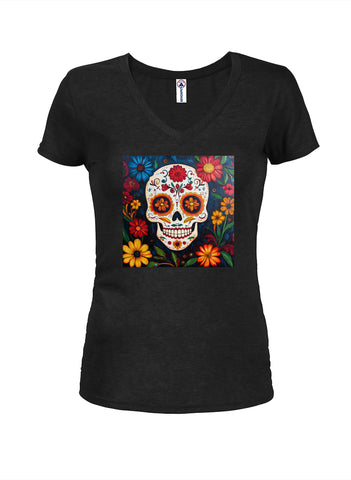 Sugar Skull Flowers Juniors V Neck T-Shirt