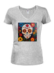 Sugar Skull Flowers Juniors V Neck T-Shirt