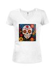 Sugar Skull Flowers Juniors V Neck T-Shirt