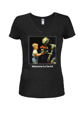 Welcome to Earth Juniors V Neck T-Shirt