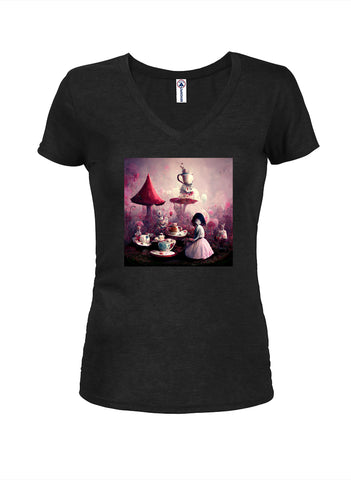 Alice in Wonderland Tea Party Juniors V Neck T-Shirt