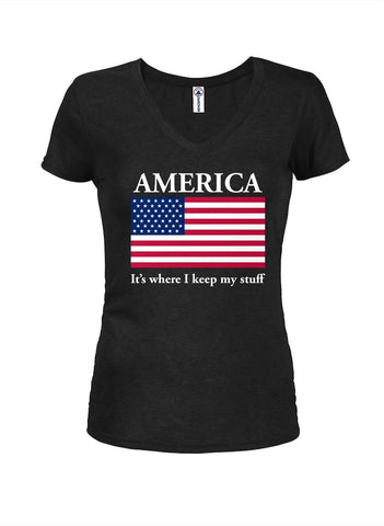 America It's where I keep my stuff Juniors V Neck T-Shirt