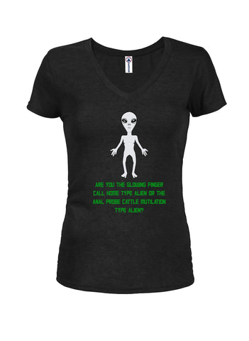 Are you the glowing finger call home type alien Juniors V Neck T-Shirt