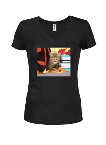 Camiseta con cuello en V para jóvenes con diseño de gato de regreso a la escuela
