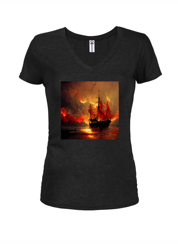 Camiseta con cuello en V para jóvenes pirata ardiente