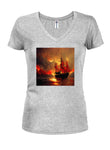 Burning pirate Juniors V Neck T-Shirt