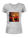 Burning pirate Juniors V Neck T-Shirt