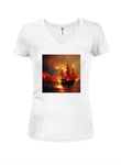 Burning pirate Juniors V Neck T-Shirt