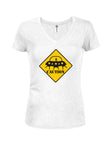 Caution Aliens Juniors V Neck T-Shirt