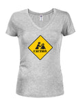 Caution Zombie Juniors V Neck T-Shirt