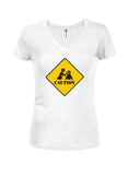 Caution Zombie Juniors V Neck T-Shirt