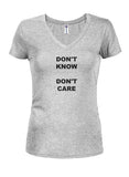 Don't Know Don't Care Juniors V Neck T-Shirt - Five Dollar Tee Shirts