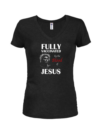 Camiseta con cuello en V totalmente vacunada por la sangre de Jesús Juniors