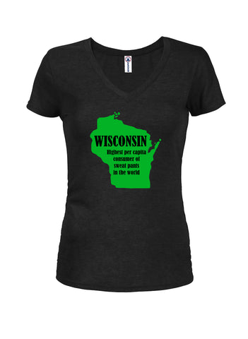 Wisconsin: Highest per capita consumer of sweat pants in the world Juniors V Neck T-Shirt