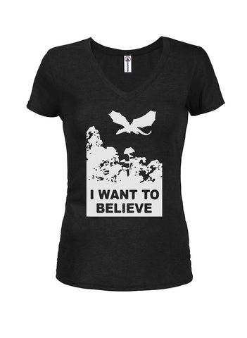 I Want to Believe Dragon Juniors V Neck T-Shirt