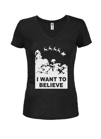 I Want to Believe Santa Juniors V Neck T-Shirt