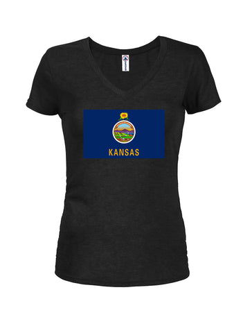 Camiseta con cuello en V para jóvenes con bandera del estado de Kansas
