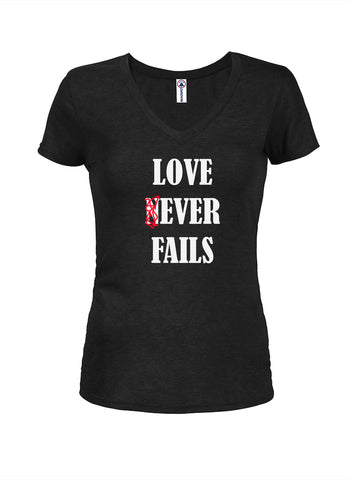 LOVE NEVER FAILS Juniors V Neck T-Shirt