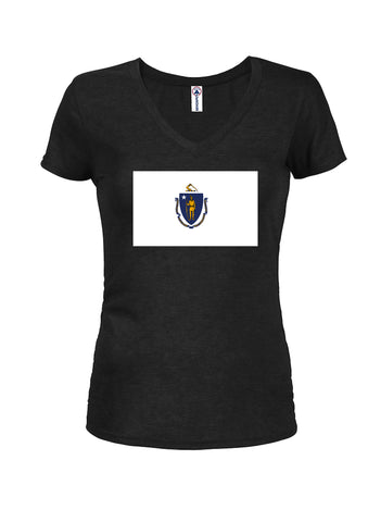 T-shirt à col en V pour juniors avec drapeau de l'État du Massachusetts