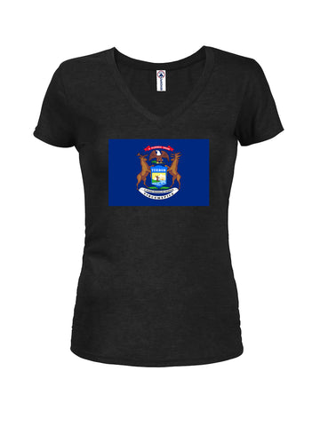 T-shirt à col en V pour juniors avec drapeau de l'État du Michigan