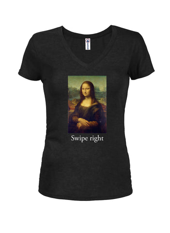 Mona Lisa Swipe Right Juniors V Neck T-Shirt