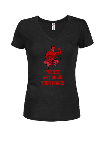 PLEASE SATANIZE YOUR HANDS Juniors V Neck T-Shirt