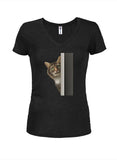 Peeking Cat Juniors V Neck T-Shirt