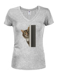 Peeking Cat Juniors V Neck T-Shirt