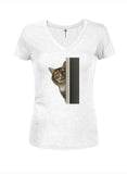 Peeking Cat Juniors V Neck T-Shirt