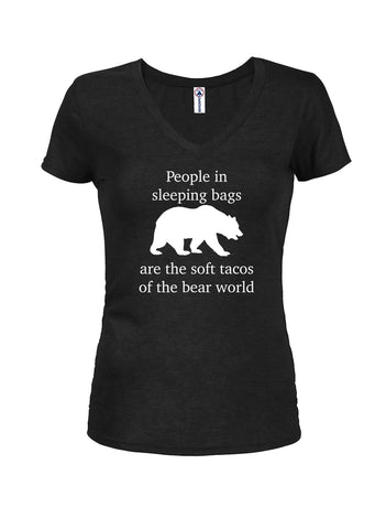 People in Sleeping Bags Juniors V Neck T-Shirt