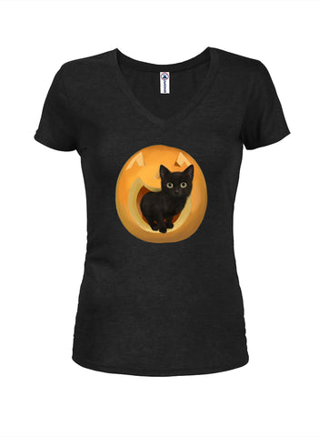 Pumpkin Cat Juniors V Neck T-Shirt