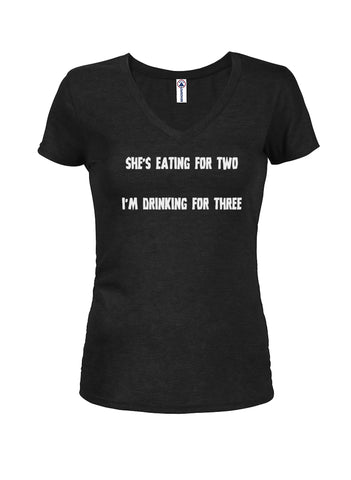 She’s eating for two I’m drinking for three Juniors V Neck T-Shirt