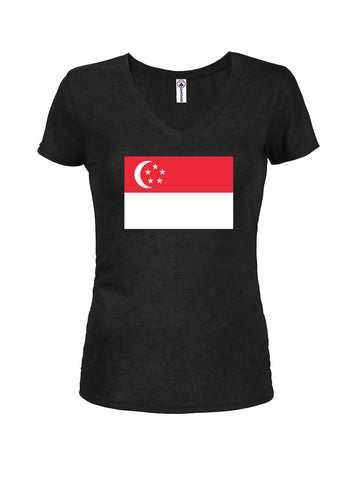 T-shirt à col en V pour juniors avec drapeau singapourien