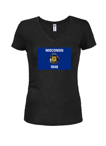 Wisconsin State Flag Juniors V Neck T-Shirt
