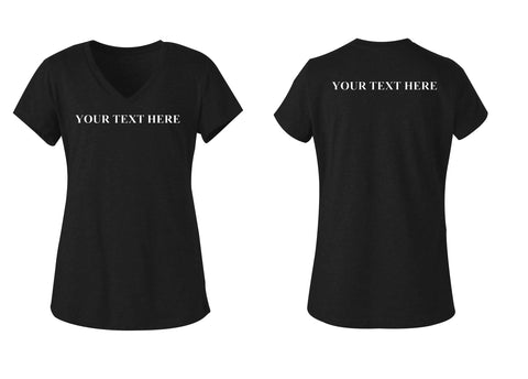 Camiseta con cuello en V para jóvenes con texto personalizado en la parte delantera y trasera: tú eliges el texto